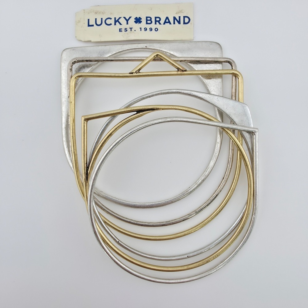 New! LUCKY BRAND Bracelet Bangle‎ Stackable Geometric Set Gold Silver Tone 7.75"